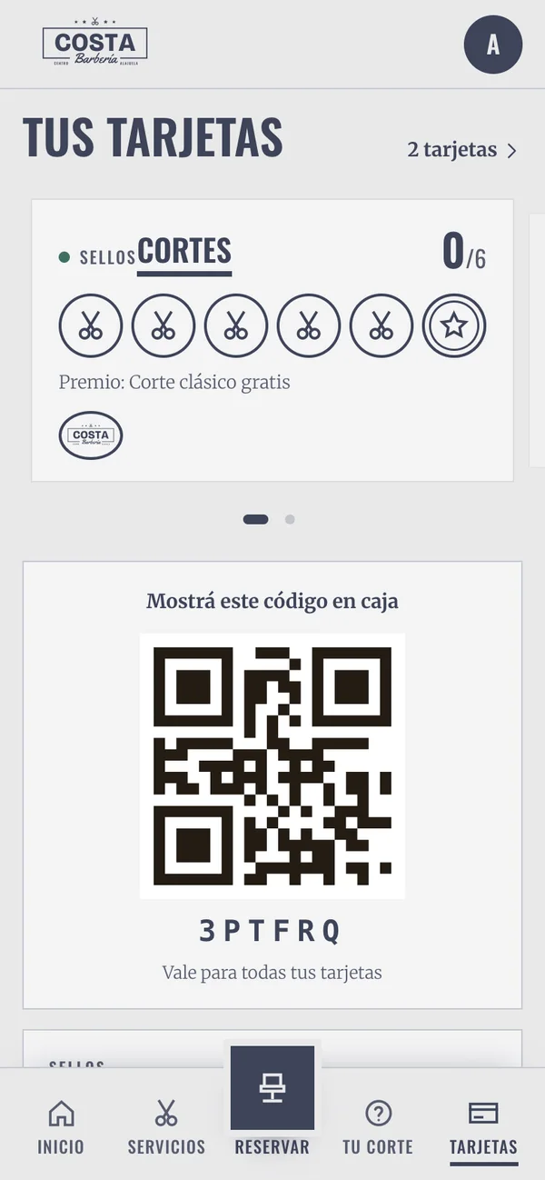 App de Costa, una barbería: sus tarjetas y el código para la caja
