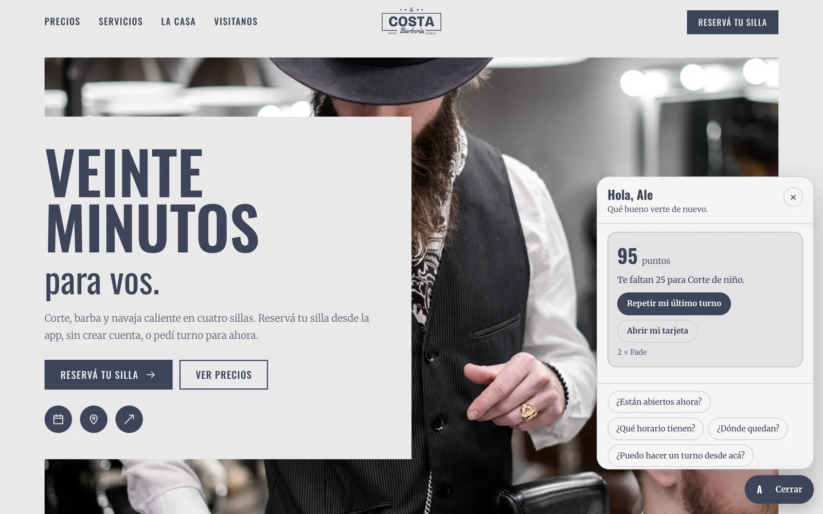 Web de Costa, una barbería, reconociendo a un cliente con sus puntos y su último turno