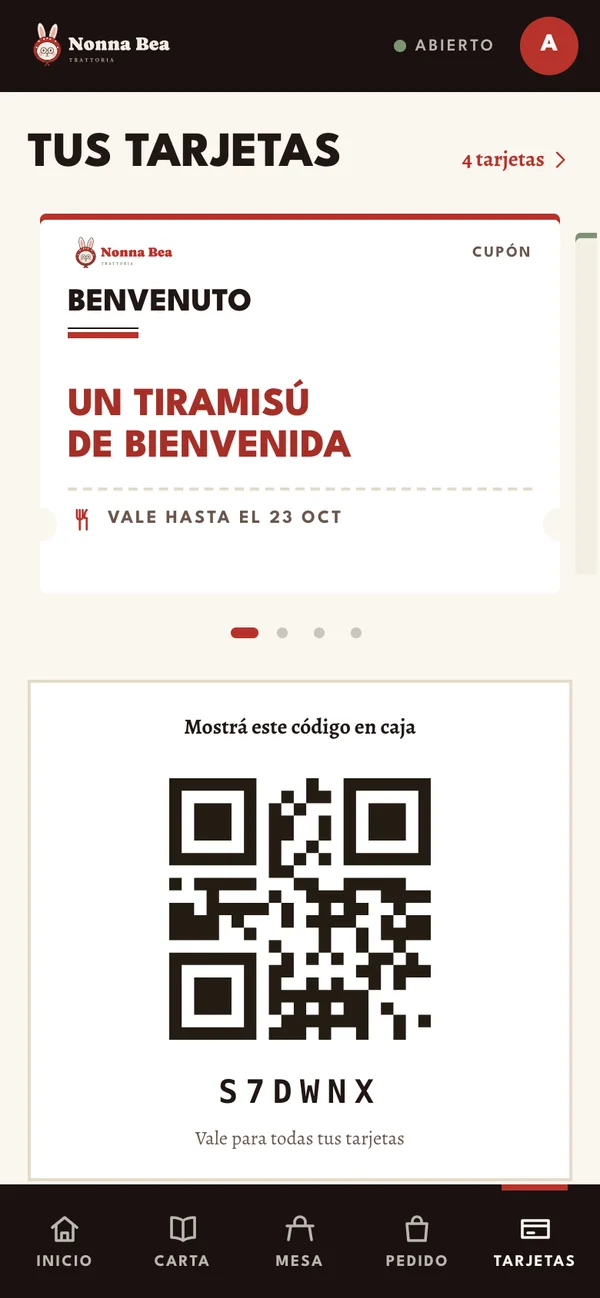 Wallet de Nonna Bea con un cupón de bienvenida, cashback y certificado de regalo